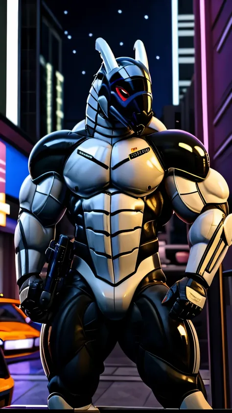 Uploaded to E621, best quality, masterpiece, high quality, Sexy Men, synth (vader-san), White, Bright colors, security robot, guards, bodyguard, bodyguard, very muscular, male muscular, sexy muscular, thick thighs, Long tail, guards 의상, Pick up a gun, atta...