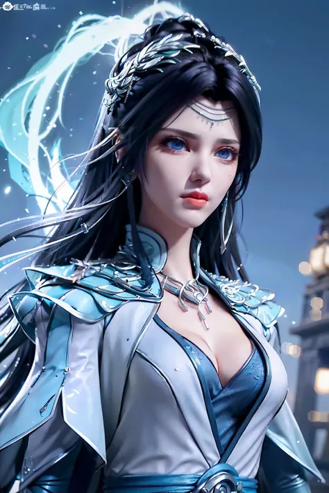 A woman dressed in Assassins Creed style clothing, with hidden blades concealed at her wrists and hips, dons a black hood that covers her long, wavy hair. Her piercing blue eyes, shrouded in mystery, gaze intently with a focused expression. adorned with to...