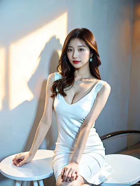 araffe woman sitting on a stool in a white dress, smooth white tight clothing suit, korean female fashion model, sexy dress, wearing white dress, white dress, gorgeous young korean woman, Minimal bodycon feminine costume, slim girl model photo, elegant whi...