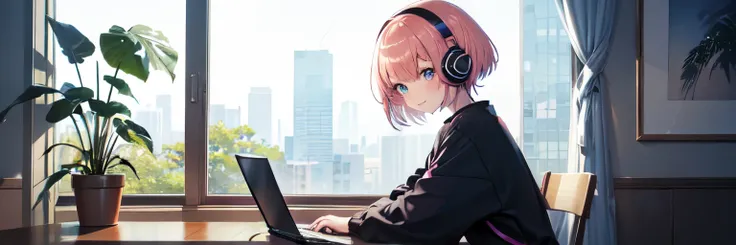 （In 8K, best quality, muste piece:1.2)、ultra high resolution,Anime girl with headphones sitting on laptop table,ultra-detailed face,detailed eyes,pink hair、bob cut、smile,praise hip hop, praise, chillhop, praise girl aesthetic, praise portrait, Lofivibe, pr...