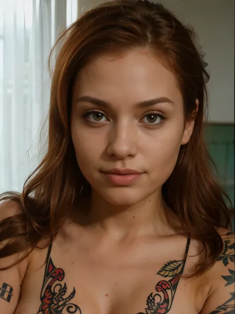 Women with long red hair, slightly tan skin, tattos on chest and shoulders, buetifull,