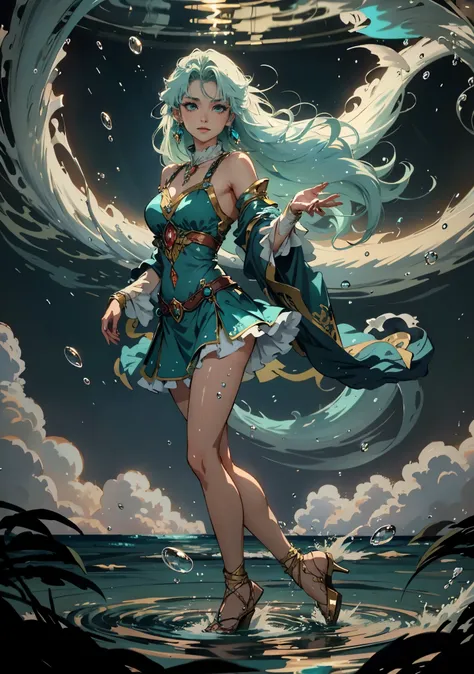 A beautiful woman with cascading waves of aqua-blue long hair, exquisite facial features, a melancholic expression, delicate and bright eyes, skin as smooth and radiant as polished jade, her slender and graceful figure dances like water splashes in the win...