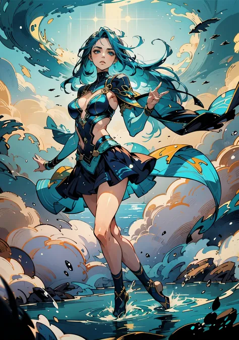 A beautiful woman with cascading waves of aqua-blue long hair, exquisite facial features, a melancholic expression, delicate and bright eyes, skin as smooth and radiant, her slender and graceful figure dances like water splashes in the wind, a splendid fan...