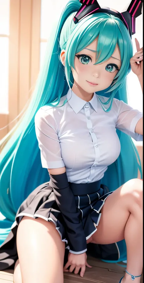 Hatsune Miku、Anime girl with long hair and a gun in her hand,Shimashima Pantiesがよく見える、Hatsune Miku、Squatting、spread legs、show panties,super mini skirt、緑と白のShimashima Panties、From miniskirt to c Kantai Collection style,Shimashima Panties、super mini skirt、 p...