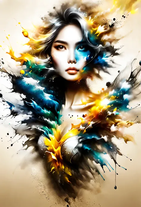 a shot of a woman dancing wildly from ink splasting with metallic elements，ink splasting