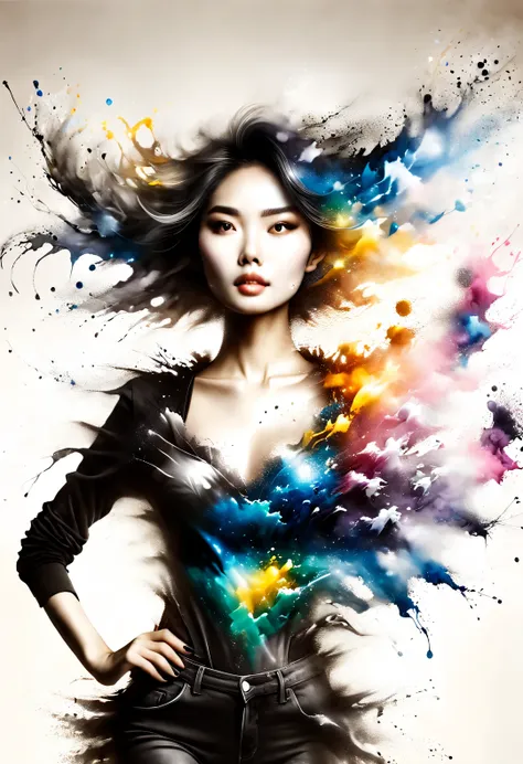 a shot of a woman dancing wildly from ink splasting with metallic elements，ink splasting