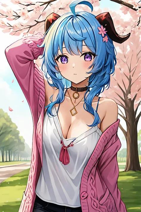 blue_hair, long_hair, bangs, horns, purple_eyes, ahoge,,1girl,solo,short hair, off shoulder, collar bone, look at viewer, perfect fingers, armpit peek, Beautiful flowers bloom, (sparkles), (There is a blooming sakura)，standing under a tree, (head looking u...