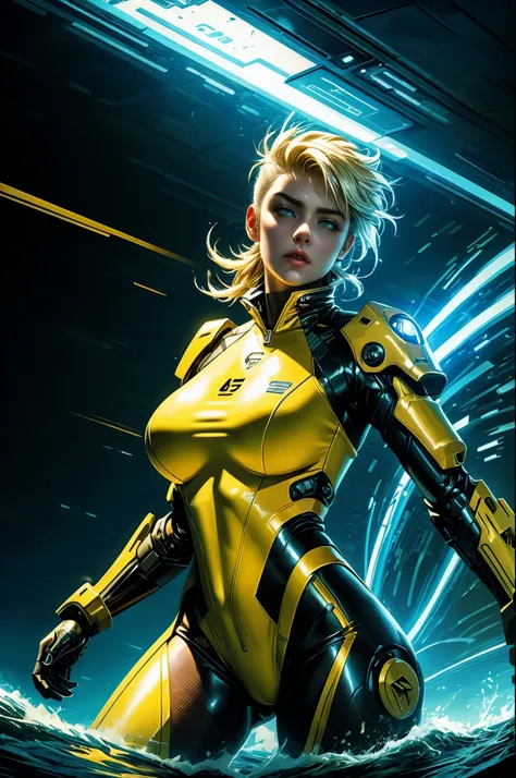 Cybernetics, action movie protagonist, Stefania Ferrario as a female warrior, wearing a yellow and white swinsuit armored cyberpunk, Perfect body, parted lips, big , big booty, cyberspace, repeating patterns, unreal, sound waves, free melody, digital world...