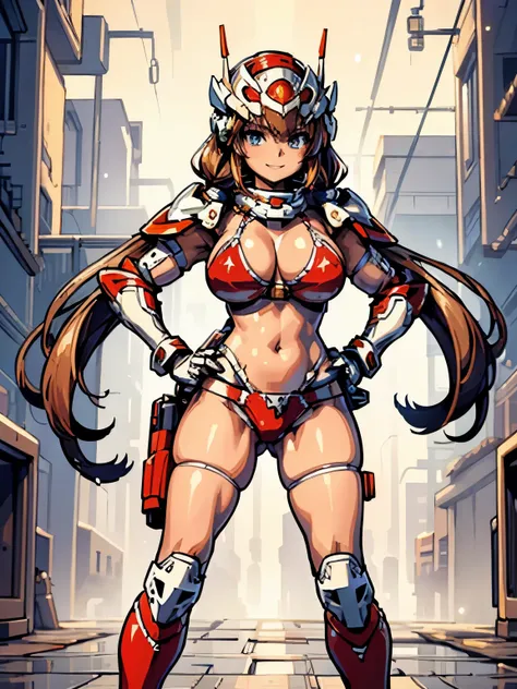 masterpiece, best quality, ultra detailed, 1girl, solo, PixelArt, pixel, 16Bits, 31bits, ultra detailed face, (head shot:1.5), face close-up, short smile, light brown low twintails hair with bangs, ivory and red bikini armor and helmet, long boots and glov...