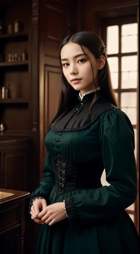 Foto hiperrealista en primer plano de Kim Joo (Korean girl),Create dystopian masterpieces, victorian era clothing, rich dress, wearing a Victorian-era dress with long-sleeves, green dress, victorian saloon, cinematic light, beautiful woman, skinny skinny, ...