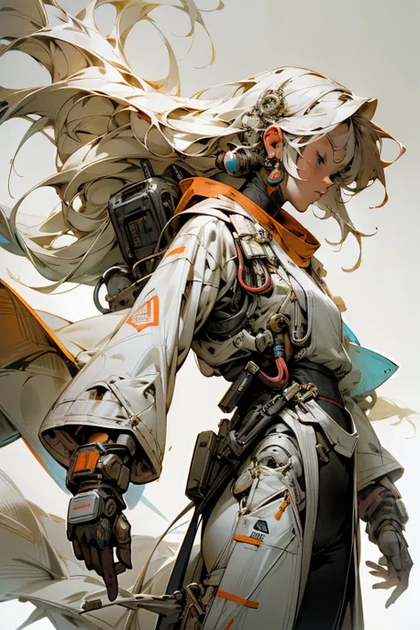 1monk warrior girl with white techwear clothes, white long hair, laces, abstract vintage scifi background, art by Moebius, art by Ashley Wood