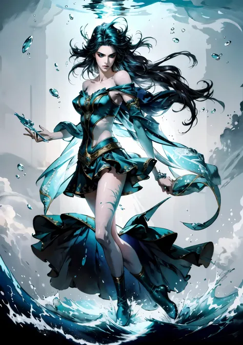 A beautiful woman with cascading waves of aqua-blue long hair, exquisite facial features, a melancholic expression, delicate and bright eyes, skin as smooth and radiant, her slender and graceful figure dances like water splashes in the wind, a splendid fan...