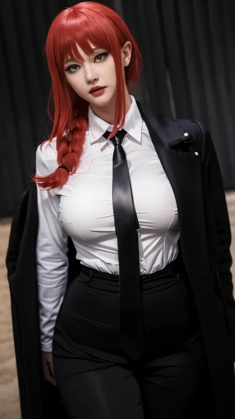 (Makima), chainsaw man, ((makima character)), anime, ((anime cosplay)), 1 girl, (27 years old), wide range photoshoot, wide range, (milf), beautiful face, clear face, realistic face, ((hot body)), ((makima dress)), Wearing office suit, ((white shirt and bl...