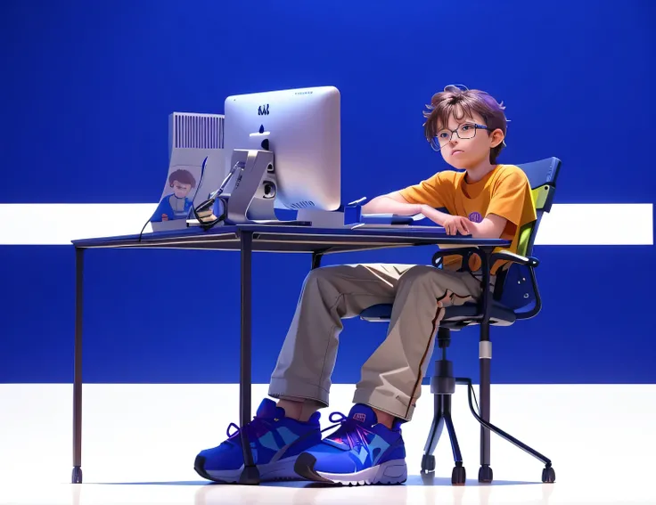 There was a little boy sitting at his desk，Hold the computer, Sitting in front of a computer, Sitting in front of a computer, video game 3d rendering, computer nerd, Sitting in front of a computer desk, In front, 2d illustration, 2d illustration, 3D illust...