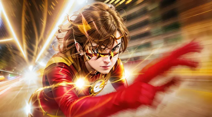 araffe in a flash suit is running through a city, the flash, flash image, flash, emma watson as the flash, flash photo, direct flash, flash photograph, overexposed flash, wearing red and yellow hero suit, flash on, japanese dc live-action movie, flash phot...