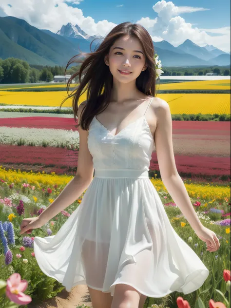 1girl, dynamic angle, clouds and mountains, (flower field:1.4) foreground, white dress, (colorful wind:1) (photorealistic:1.4), official art, unity 8k wallpaper, ultra detailed, aesthetically beautiful, masterpiece,top quality, cinematic lighting, smiling