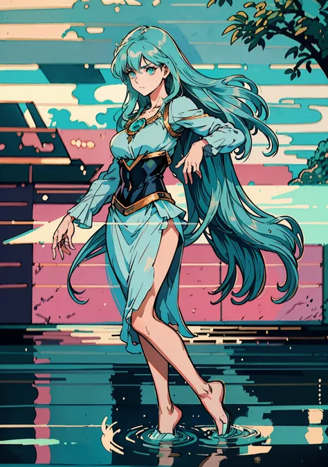 A beautiful woman with cascading waves of aqua-blue long hair, exquisite facial features, a melancholic expression, delicate and bright eyes, skin as smooth and radiant as polished jade, her slender and graceful figure dances like water splashes in the win...