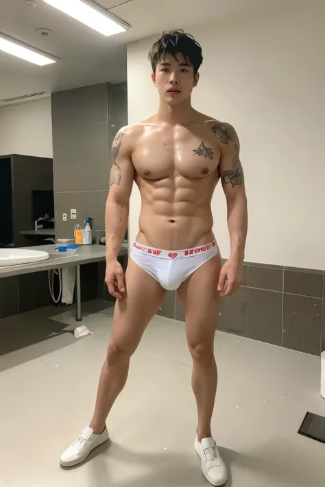 In the captivating 4K photograph, a 22-year-old Korean male supermodel, towering at 189 cm, poses confidently in a hyperrealistic full-body shot. His photorealistic portrait reveals his chiseled features, fine aurora charisma, and bright, wet skin that gli...