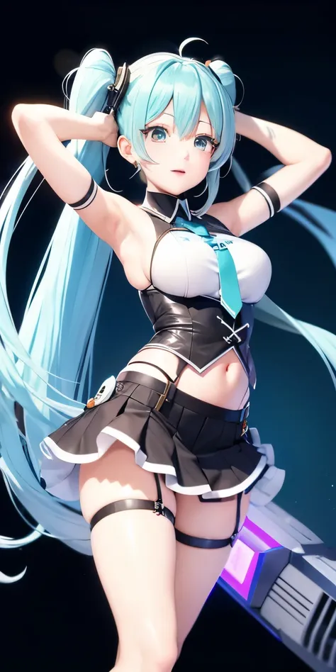 Hatsune Miku、Anime girl with long hair and a gun in her hand,Shimashima Pantiesがよく見える、Hatsune Miku、（Squatting down and opening her legs and showing her panties 1:4）、、spread legs、show panties,super mini skirt、緑と白のShimashima Panties、From miniskirt to c Kanta...