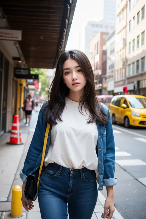 Sad theme , (best quality, masterpiece:1.2), 18yo beautiful  girl walking in the city, white shirt and Jeans, , shoot the Sony a7,3.5 mm Lens, f 1.8 apature, lighting glow effect,no retouching,raw photo realistic, skin texture is very detail ,no makeup, ba...