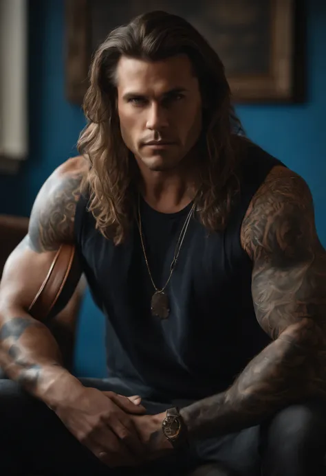 Matthew shadows, a handsome, 8k full body photo portrait of a man, badness, disheveled long hair, musculature, Detailed muscular physique, a picture, (​masterpiece, top-quality, top-quality, Official art), Photorealistic depiction, INFO, tattoed, biker, bl...