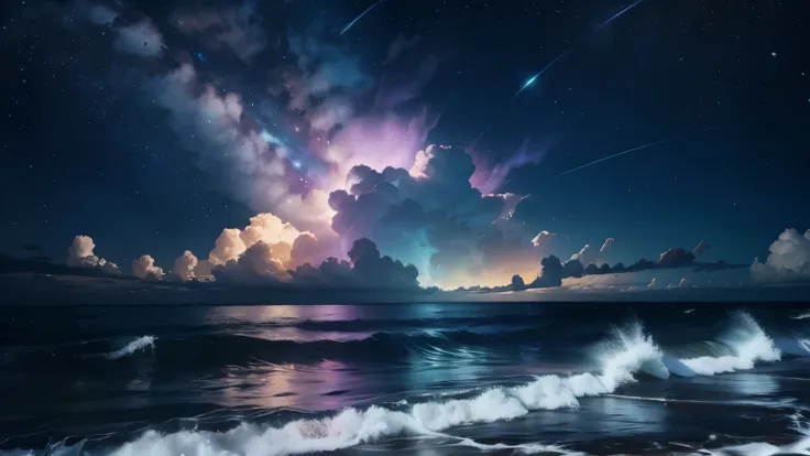 bioluminescent stars in the sky, pink half moon, touquois sky, soft cotton clouds, tourqouis ocean waves, shiny, purple water, galaxy, complementing lighting