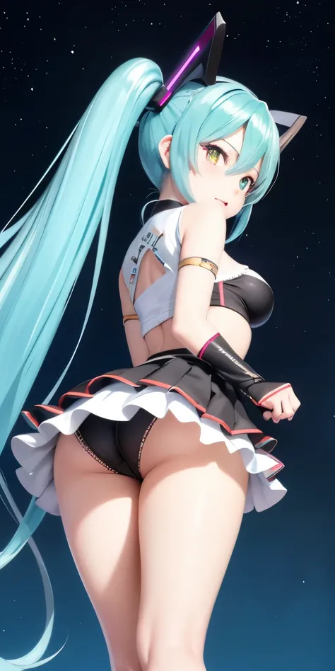 Hatsune Miku、Anime girl with long hair and a gun in her hand,Shimashima Pantiesがよく見える、Hatsune Miku、（Squatting down and opening her legs and showing her panties 1:4）、、spread legs、show panties,super mini skirt、緑と白のShimashima Panties、From miniskirt to c Kanta...