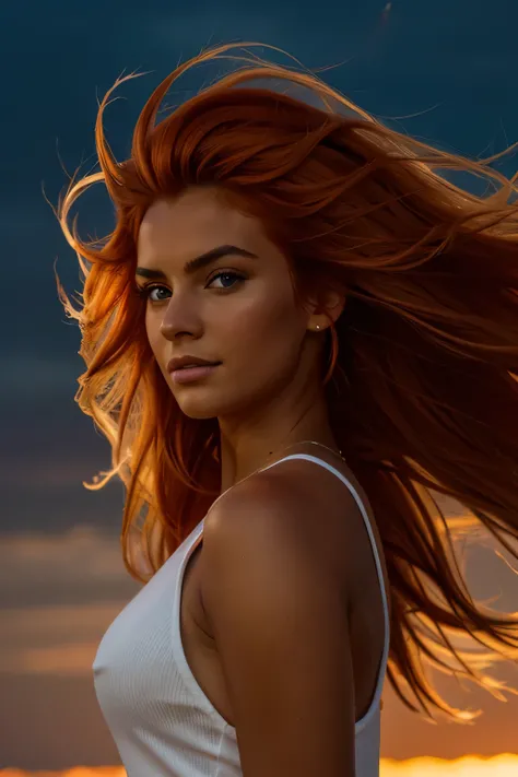 a photograph of a orange-haired tanned woman with windswept tresses, her hair entangled like flames against a twilight sky, emanating untamed beauty.