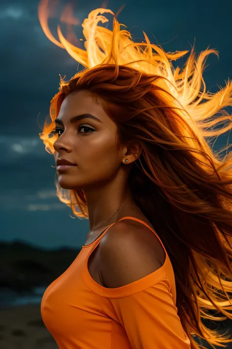 a photograph of a orange-haired tanned woman with windswept tresses, her hair entangled like flames against a twilight sky, emanating untamed beauty.