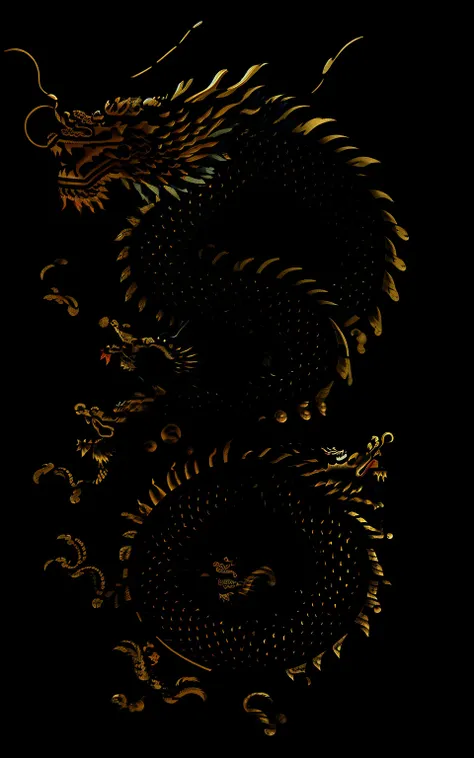 a close up of a 龙 on a black background with gold accents, golden 龙, chinese 龙 engrave, majestic japanese 龙, 龙 design language, ...