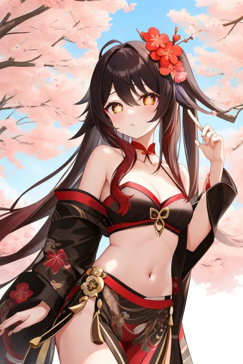 HuTaoV4,1girl,solo,long hair, off shoulder, collar bone, look at viewer, perfect fingers, armpit peek, Beautiful flowers bloom, (sparkles), (There is a blooming sakura)，standing under a tree, (head looking up), Look at the tree, Natural soft light, macaron...