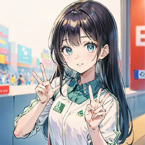 Wearing an athletics uniform、A girl making a peace sign with one hand