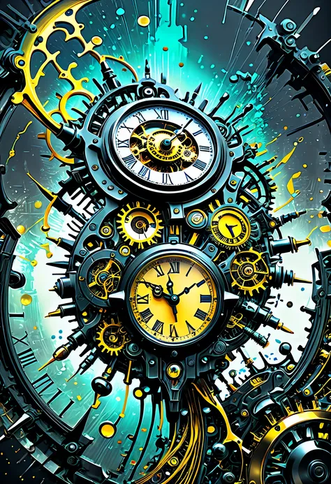 Intricate details of matte paint illustration, Stunning design and ferocious construction, Fusion of clock punk and metal elements, Polished surface reflects droplets, Vibrant colors from gel ink splatter graffiti background, Stunning visually striking con...