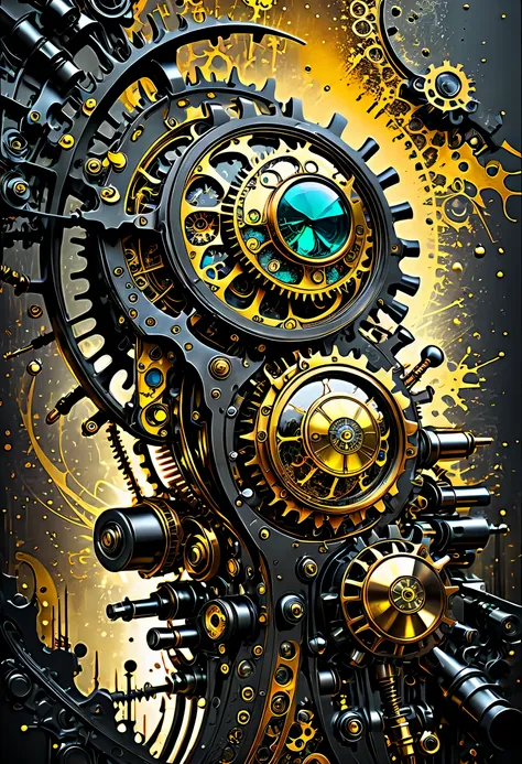 Intricate details of matte paint illustration, Stunning design and ferocious construction, Fusion of steampunk and metallic elements, Polished surface reflects droplets, Vibrant colors from gel ink splatter graffiti background, Stunning visually striking c...