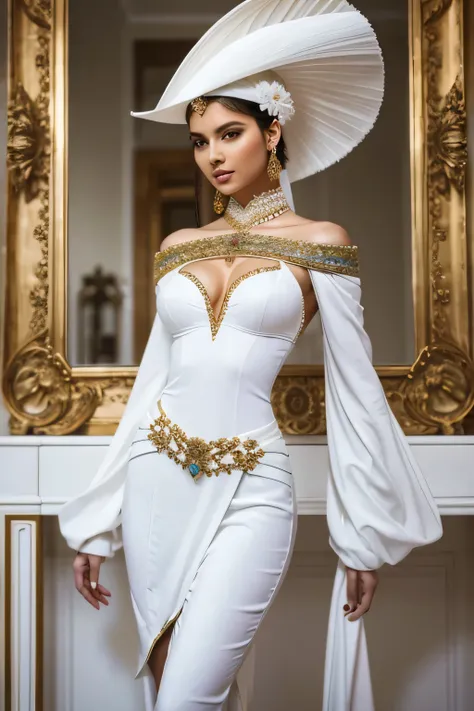 Exquisite White Elegance: A sculpture of an exotic woman, capturing her grace and boldness in a mesmerizing display of artistry. Dressed in very mixed colored clothes