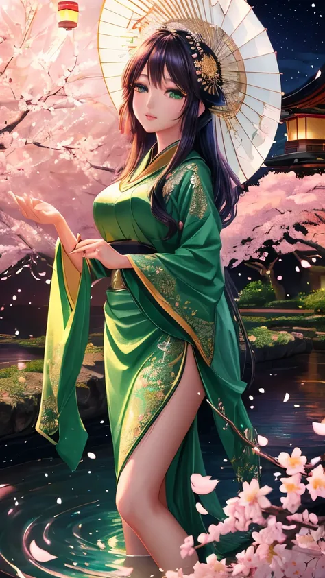 (best quality, highres, ultra-detailed, photorealistic), anime, kpop singer, green eyes, umbrella, fan, traditional Indonesia costume, delicate makeup, intricate hairstyle, mysterious atmosphere, glowing lanterns, cherry blossom backdrop, dimly-lit garden,...