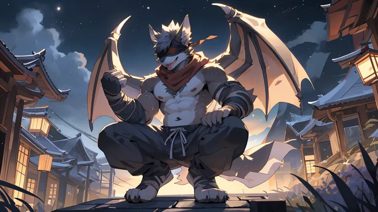 masterpiece, high quality, absurd resolution, digital painting (artwork), volumetric lighting, thumbnail shot, male, adult, ((solo)), anthro bat, (dynamic posture: 1.5), (high saturation) (very detailed:1bat, anthro bat, brown_body, male, huge wings, banda...