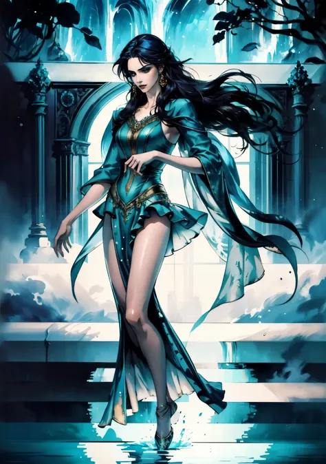 A beautiful woman with cascading waves of aqua-blue long hair, exquisite facial features, a melancholic expression, delicate and bright eyes, skin as smooth and radiant, her slender and graceful figure dances like water splashes in the wind, a splendid fan...