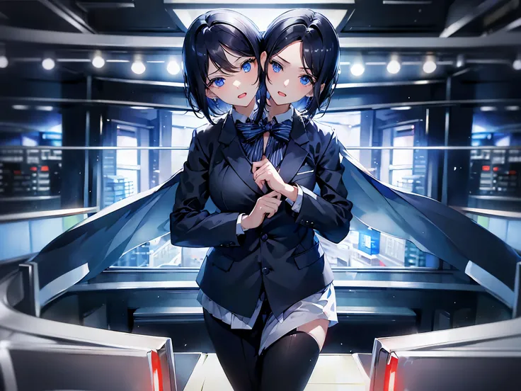 (masterpiece, best quality), best resolution, (2heads:1.5), 1girl, news anchor, short black hair, blue eyes, business suit, left head has open mouth, right head has closed mouth, looking at the camera, inside the news studio, portrait