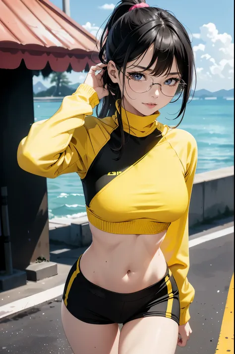 (jogging by the sea 1.5), 1 beautiful girl, 17 years old, high detail face, long hair in a ponytail,,, bangs, ((eyeglasses)), na...