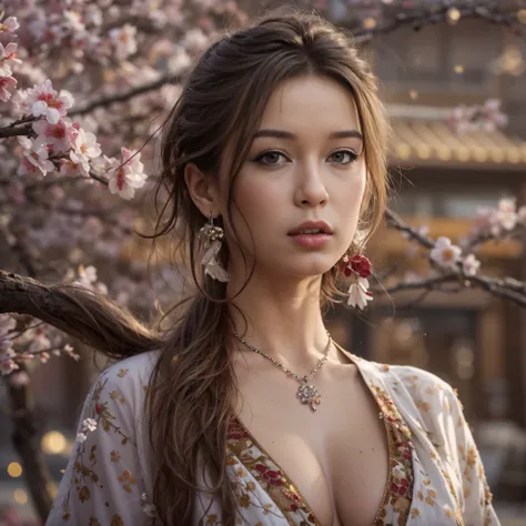 masterpiece,extremely detailed CG unity 8k wallpaper,1girl, beautiful, realistic, blurry, blurry_background, blurry_foreground, branch, brown_hair, plum blossom, depth_of_field, earrings, flower, jewelry, realistic, solo,chinese cloth,only wearing a bra, r...