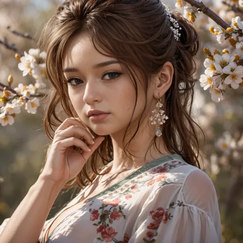 masterpiece,extremely detailed CG unity 8k wallpaper,1girl, beautiful, realistic, blurry, blurry_background, blurry_foreground, branch, brown_hair, plum blossom, depth_of_field, earrings, flower, jewelry, realistic, solo,chinese cloth,only wearing a bra, r...