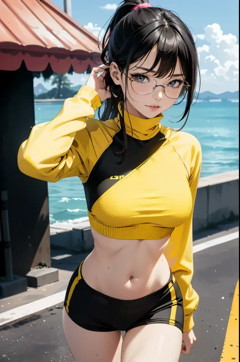 (Jogging by the sea 1.5), 1 beautiful girl, 17 years old, Highly detailed face, Long hair in a ponytail,,, smooth, ((glasses)), Smile mischievously, small breast, Thin waist, small breast, Thin waist, small hips, thighเล็ก, The stomach has sexy lines.........