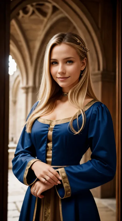 Foto hiperrealista en primer plano de 20 years old Maria Bello, Create dystopian masterpieces, medieval clothing, rich dress, medieval dress with long-sleeves, blue dress, medieval castle, beautiful woman, skinny, small breasts, straight blond hair, detail...