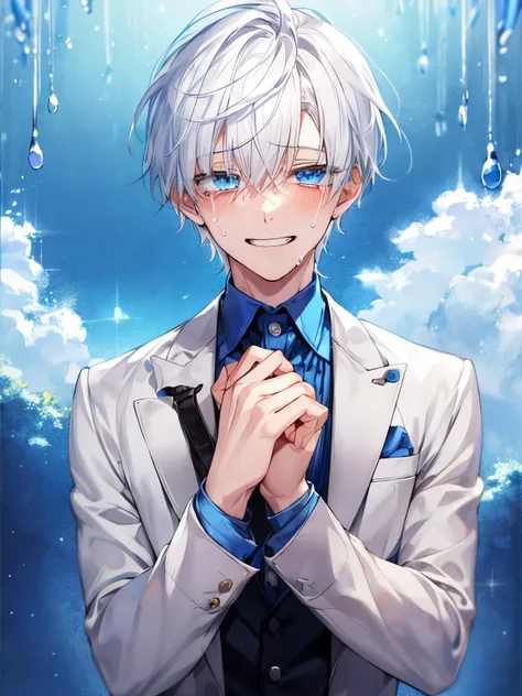 Young boy, white hair, blue eyes, smiling, crying, relieved, happy tears