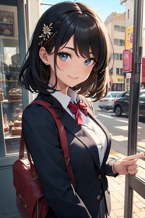 very cute and beautiful girl,(very detailed美しい顔と目:1.2),
(blue blazer school uniform, Pleated standing in front of a cake shop window,
(smile),cowboy shot,have a school bag,dynamic angle,hairpin,black hair,downtown street,
(highest quality,masterpiece:1.2),...