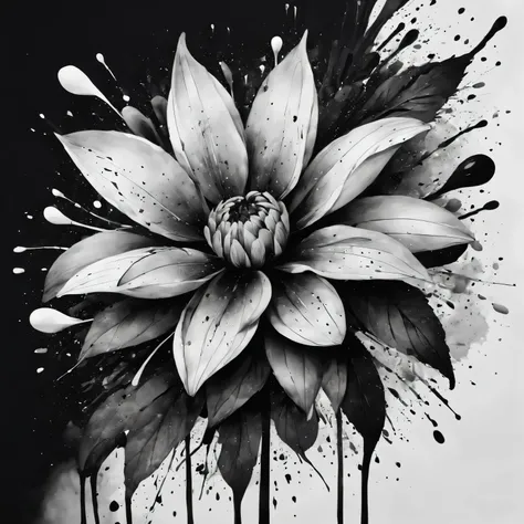 Ink splash art flower,black and white,illustration,High quality details,Super detailed,lifelike,bright colors,soft light