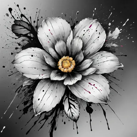 Ink splash art flower,black and white,illustration,High quality details,Super detailed,lifelike,bright colors,soft light