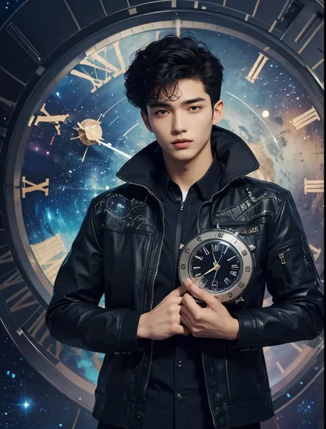 A beautiful man. Twenty years old. Short black hair. wearing a jacket. An image of a clock and outer space on a mens background.