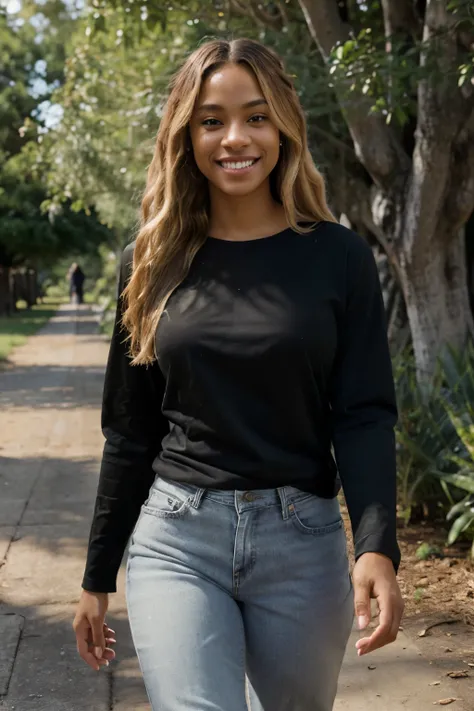 ((perfect photograph)), ((realistic)), ((8k)), (perfect face), gorgeous light skin african american with blonde hair, wearing a straight long black long sleeve t-shirt and jeans, walking towards camera, outdoors, lots of light, some plants, long wavy hair,...